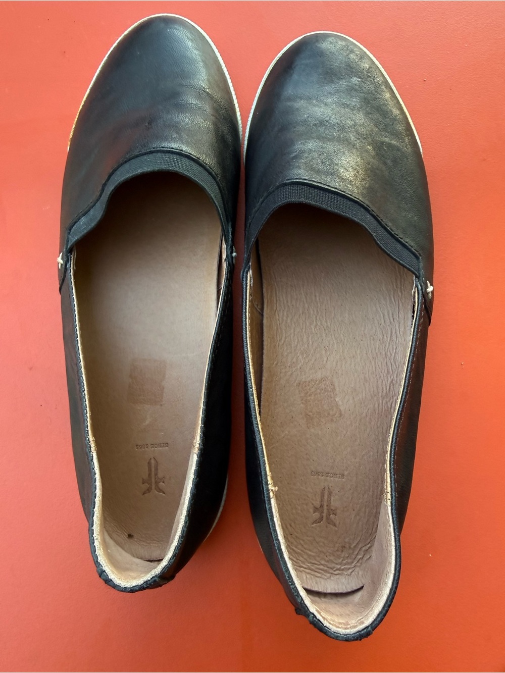 Frye Black Leather Slip-On Flats with White Trim - Picture 10 of 11